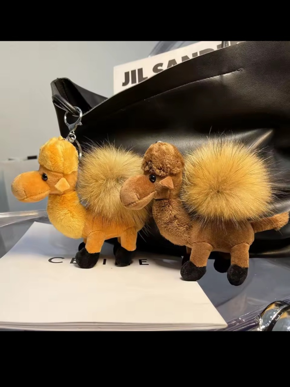 Plush Camel Keychain - Orange Faux Fur Pom Pom - Picture 4 of 7